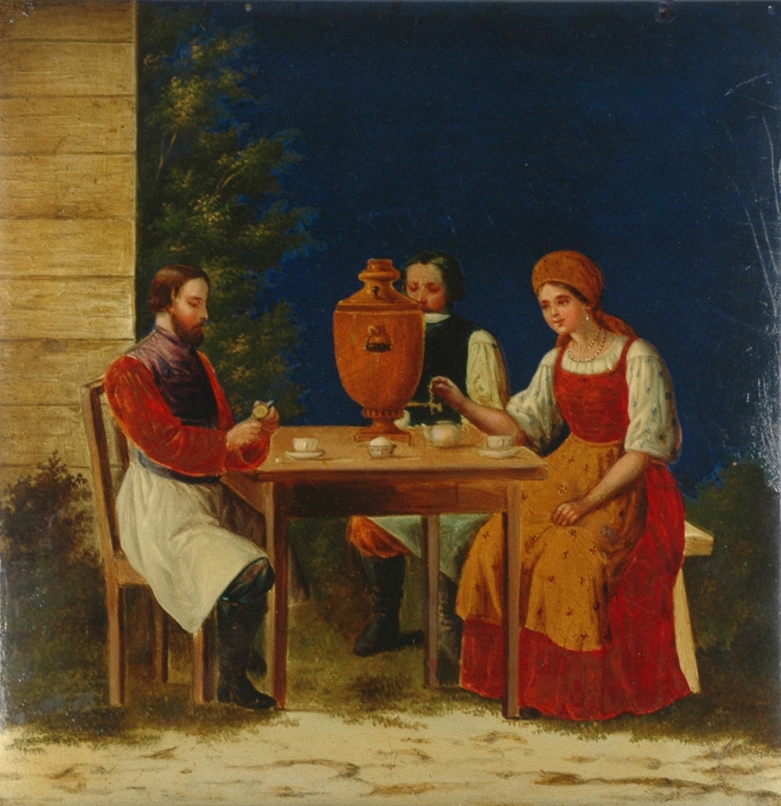 Unknown Artist, Russian - Couple Drinking Tea, Lacquer Tea Caddy, Manufactory Lukutin, 19th Century